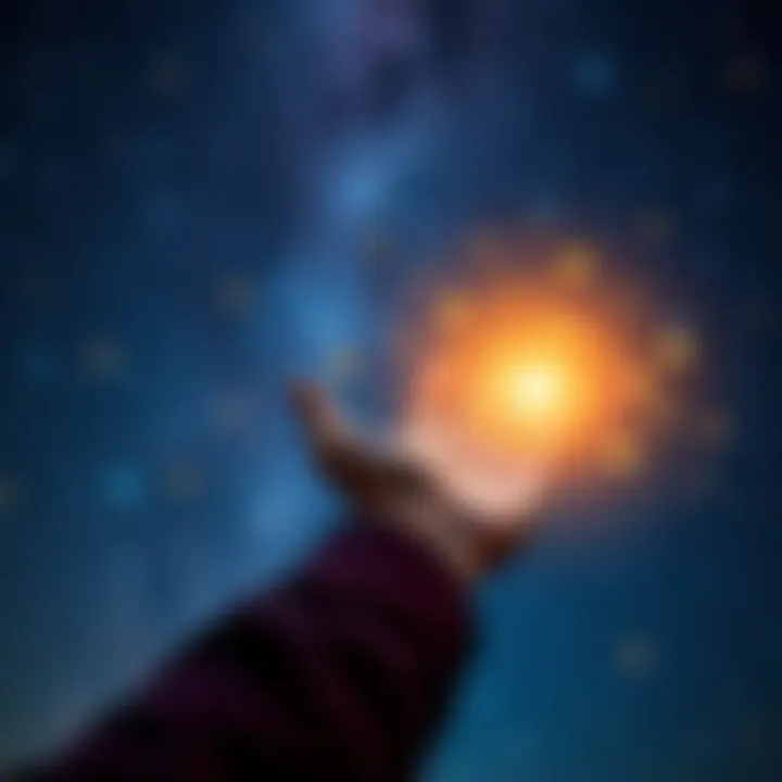 Connecting Minds A person reaching out with a glowing hand, symbolizing telepathic connection, surrounded by stars and a night sky.