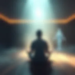 A person meditating in a dimly lit room, surrounded by ethereal light, as a translucent figure appears nearby, representing a spirit friendship in the astral realm.