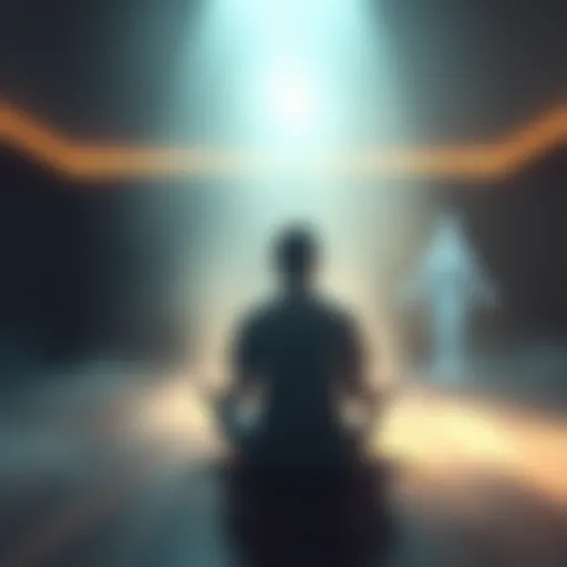 A person meditating in a dimly lit room, surrounded by ethereal light, as a translucent figure appears nearby, representing a spirit friendship in the astral realm.