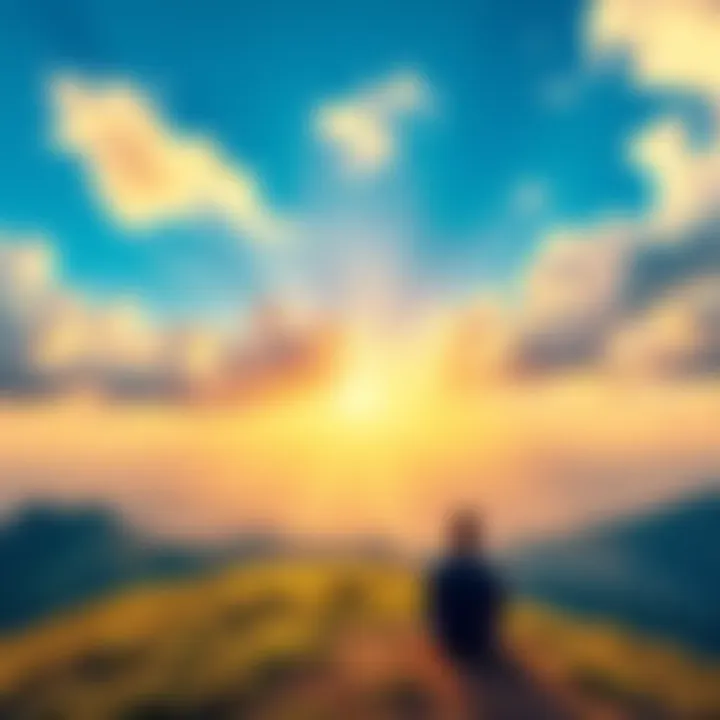 A serene landscape with a person sitting on a hilltop, looking up to the sky, symbolizing a spiritual connection beyond religion.