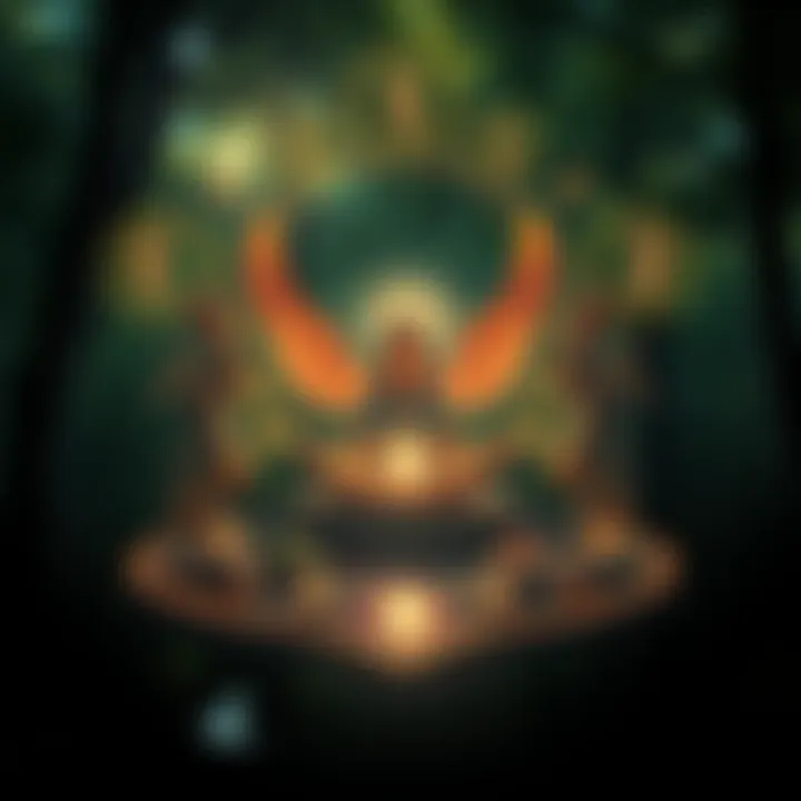 A person meditating in nature surrounded by goddess symbols and soft light