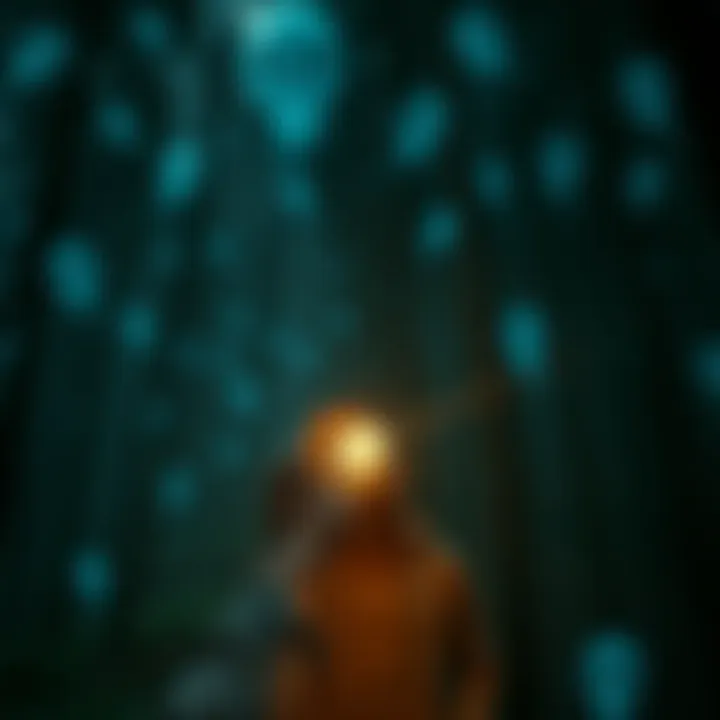 Connecting with the Paranormal A person holding a flashlight in a dark forest looking for spirits and cryptids, with ghostly apparitions in the background.