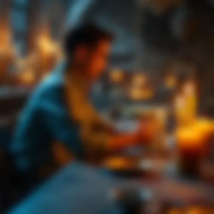 A person sitting at a table with candles and water offerings, attempting to communicate with spirits.