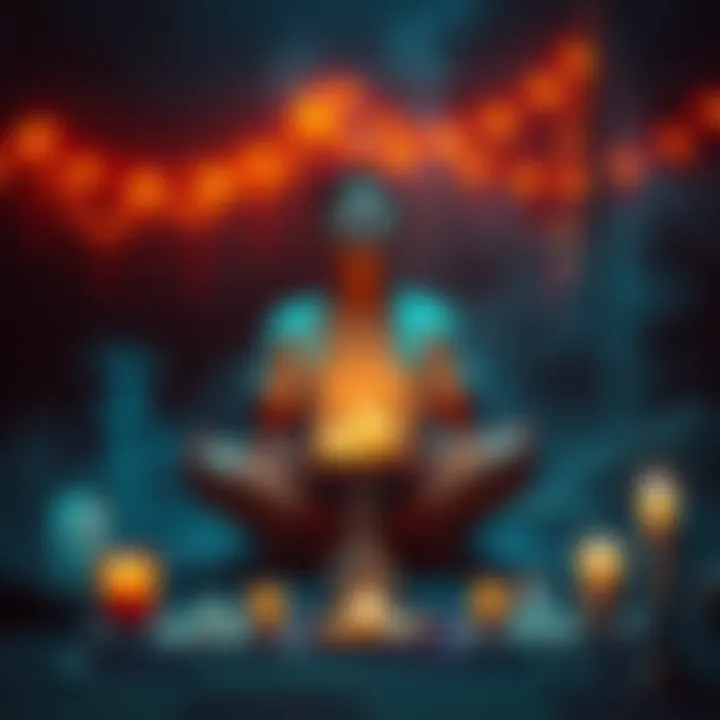 Connecting with Spirits A person sitting cross-legged with closed eyes, surrounded by candles and crystals, seeking to communicate with spirits.