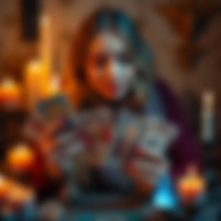 A person holding tarot cards with a thoughtful expression, surrounded by candles and crystals, inviting engagement for personal readings.