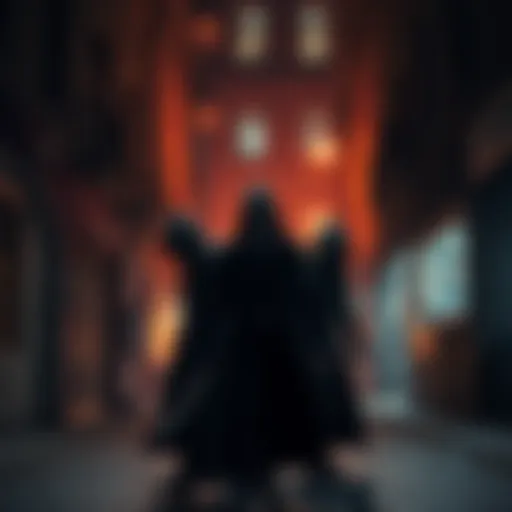 Connection Among Notorious Assassins Three shadowy figures representing famous assassins, standing in a dimly lit alley with a backdrop of city lights.