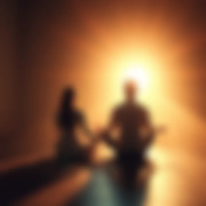 Connection Through Love A serene scene depicting two individuals sitting cross-legged, surrounded by soft light, symbolizing love and acceptance in a non-dual therapy setting.