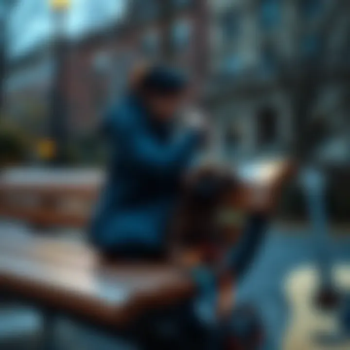 A person lovingly touching a bench, showing a bond with inanimate objects, with a dog leash and musical instrument nearby.