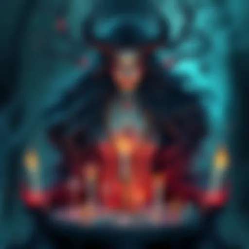 A figure representing Hel, the Norse goddess, portrays a maternal presence, surrounded by symbols of love and acceptance, reflecting themes of connection with those who feel rejected.