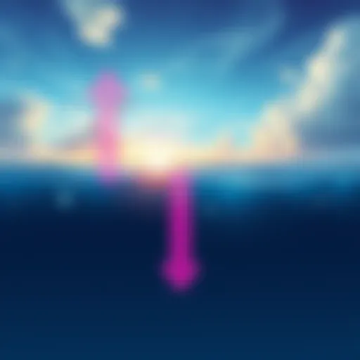 Illustration of a sky and ocean showing the relationship between Above and Under with arrows pointing upwards and downwards.