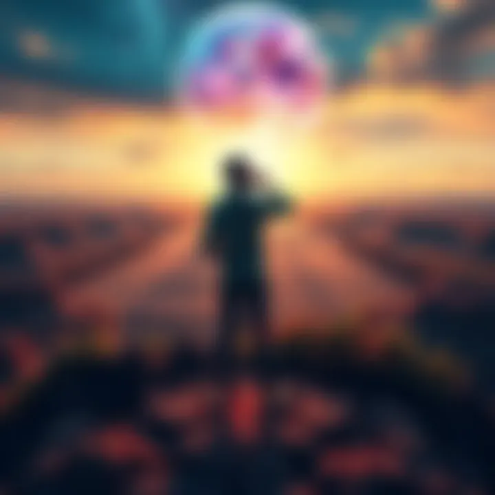 A visual representation of the mind and body connection, showing a person observing distant landscapes while their body feels rooted to the earth. Colorful sensory elements surround the figure, emphasizing the relationship between perception and physical presence.