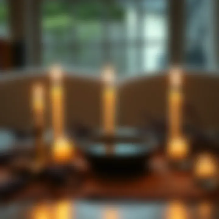 A table with lit candles, lavender, and a bowl of water, set up for a connection spell ritual.