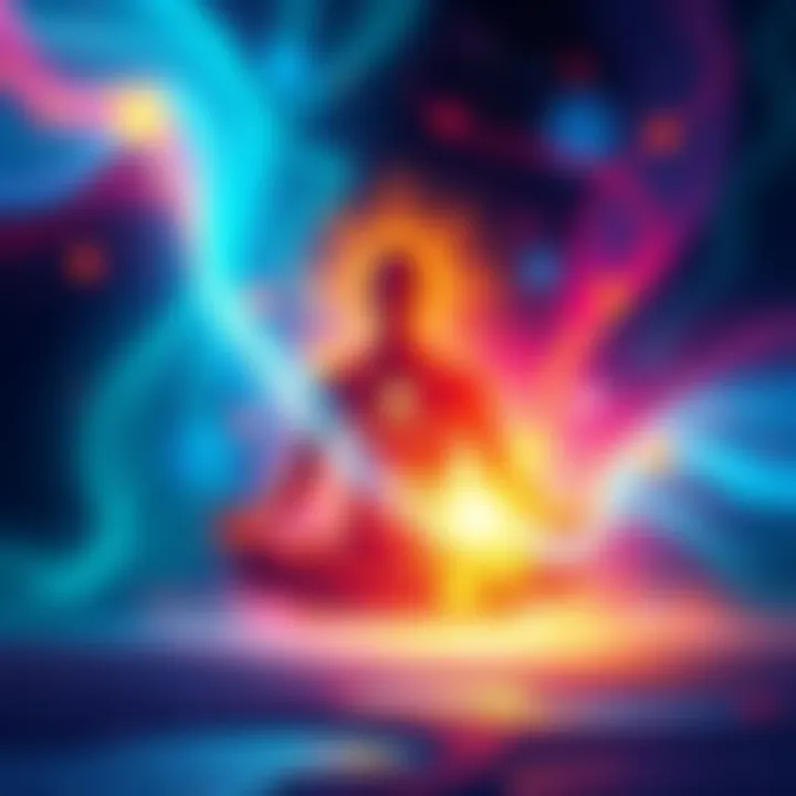 An illustration showing a glowing figure meditating, surrounded by light representing consciousness and spirit, with a cosmic background indicating the idea of universal consciousness.