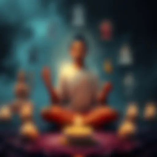 A person meditating with various symbols of different deities around them, representing spiritual connection.