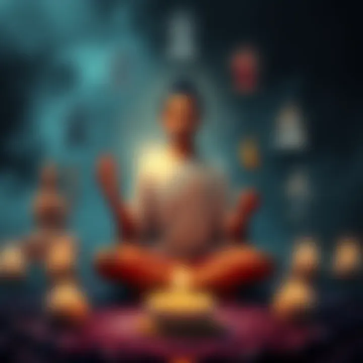 A person meditating with various symbols of different deities around them, representing spiritual connection.