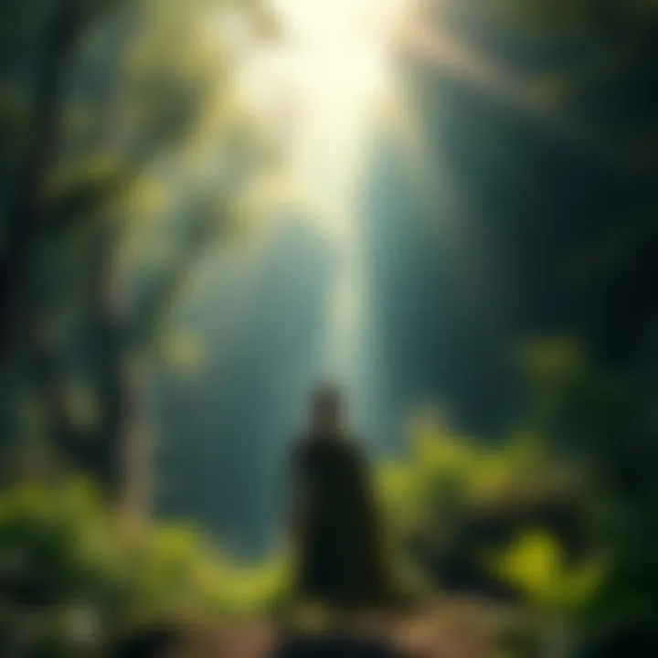 Connection with Eywa An Avatar shifter stands in a lush forest, feeling a spiritual presence, symbolizing the connection with Eywa.