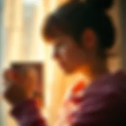 A young person gazing at a photo of their grandmother, surrounded by soft light and a warm atmosphere, symbolizing love and connection across generations.