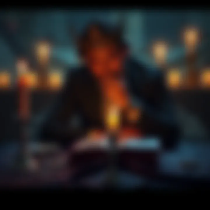 A person sitting at a table with candles and a dark book, pondering their relationship with King Paimon