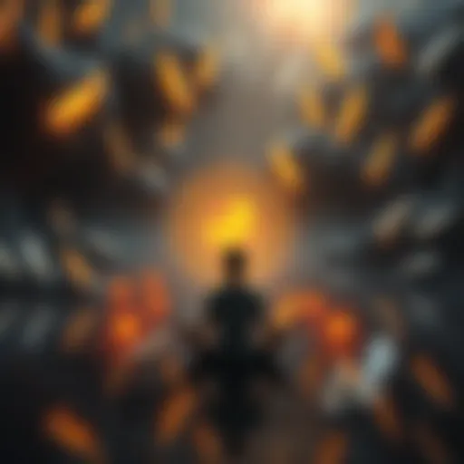 A representation of a person meditating with a symbol of Seth, surrounded by reflections of their personal challenges and insights, highlighting a spiritual bond without traditional offerings.