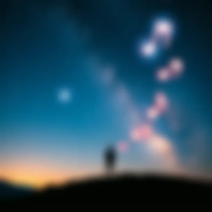 Connection with the universe A person standing on a hill under a starry sky, looking up with a sense of wonder, surrounded by glowing numbers and musical notes in the air, symbolizing signs from a loved one