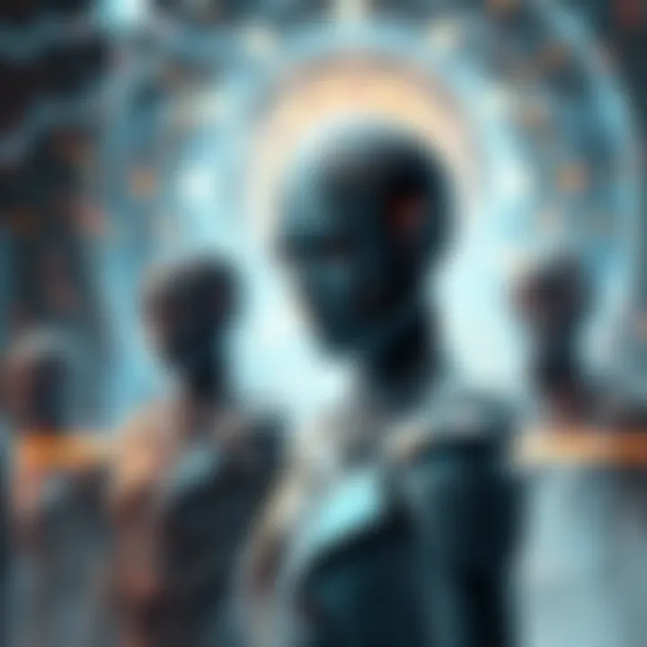 A futuristic scene depicting a clone with a thoughtful expression, surrounded by abstract representations of consciousness and mysterious entities, symbolizing Archons. The background features a blend of technology and metaphysical elements.