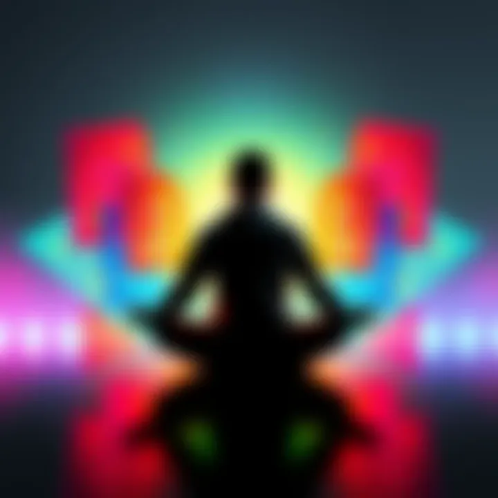 A person sitting cross-legged, surrounded by colorful geometric shapes representing different frames of reality, illustrating the concept of shifting consciousness.