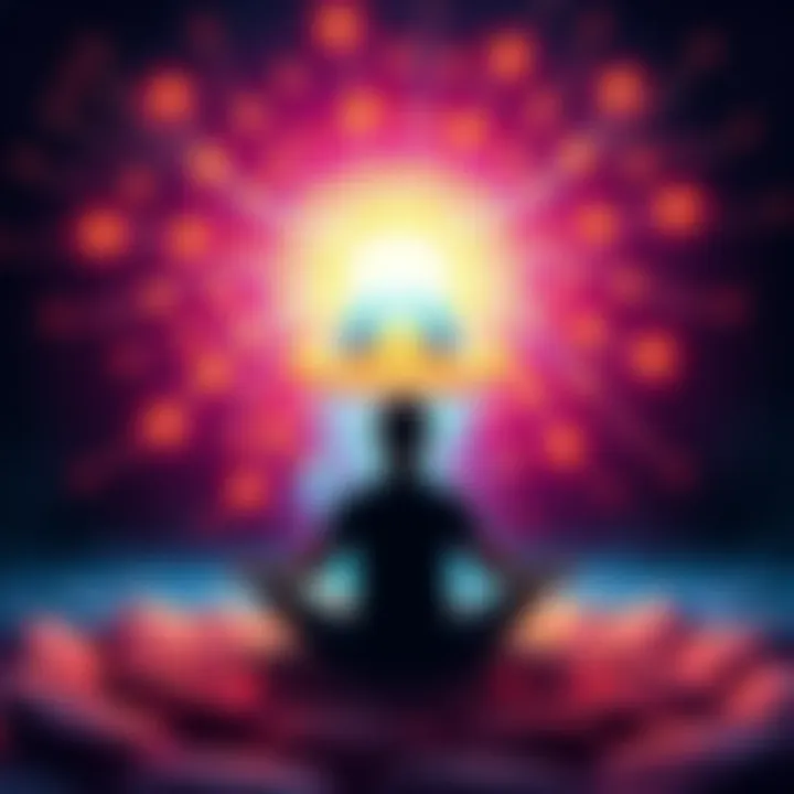 A person meditating with vibrant energy waves surrounding them, symbolizing the connection between consciousness and reality.