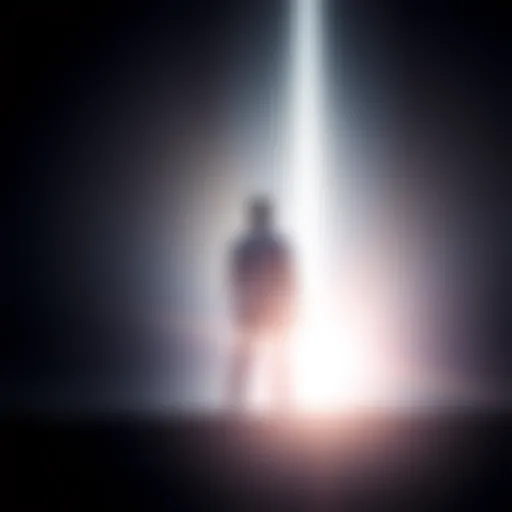 A silhouette of a person standing near a glowing light, symbolizing the exploration of consciousness and the self after death.