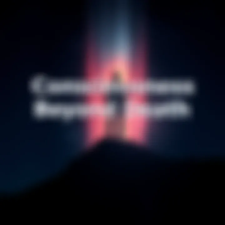Consciousness Beyond Death A glowing silhouette representing consciousness ascending from a dark background, symbolizing life after death.