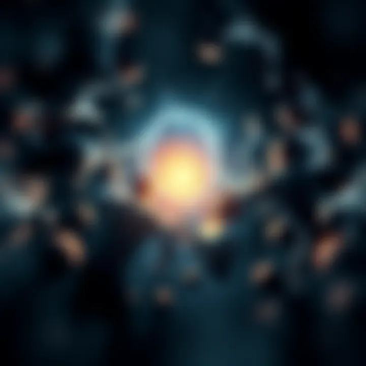 An abstract representation of consciousness featuring a bright light surrounded by shadows, symbolizing the presence of awareness beyond thoughts and memories.