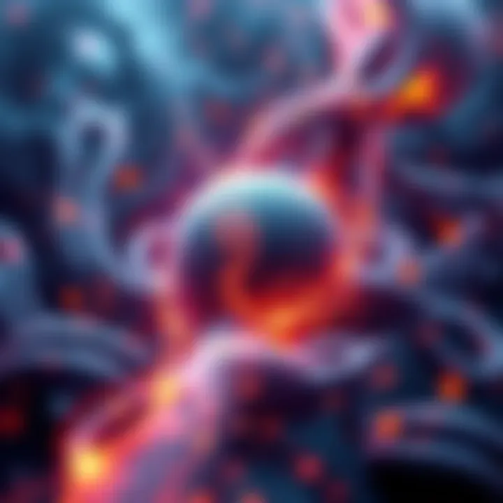 An abstract representation of consciousness interacting with energy and information, featuring swirling patterns symbolizing matter and entropy.