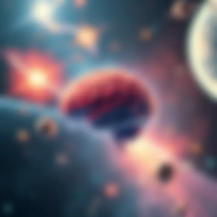 Consciousness and Gravity Connection An illustration showing a brain emitting waves that connect to stars and planets, symbolizing the link between consciousness and gravity.