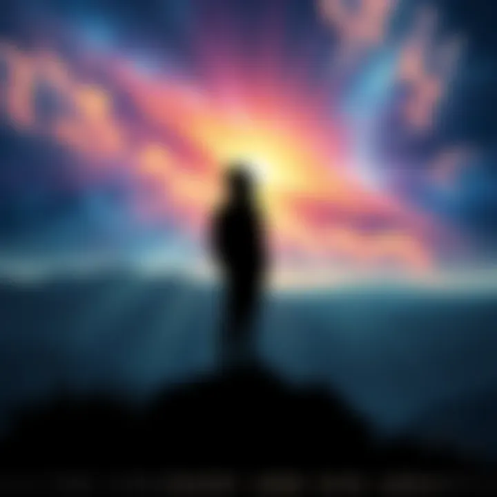 A silhouette of a man contemplating in a cosmic landscape, symbolizing the journey of consciousness exploration.