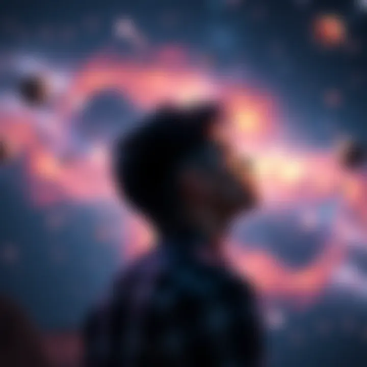 A person contemplating their thoughts with a cosmic background, symbolizing consciousness shaping reality.