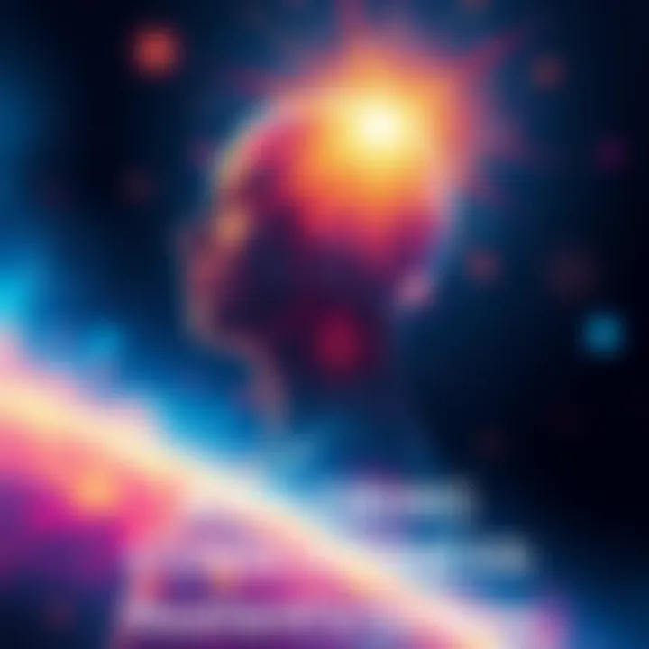 Consciousness and Reality A vibrant illustration showing a human figure with light emanating from the head, symbolizing consciousness connecting with a cosmic background, representing the origins of reality.