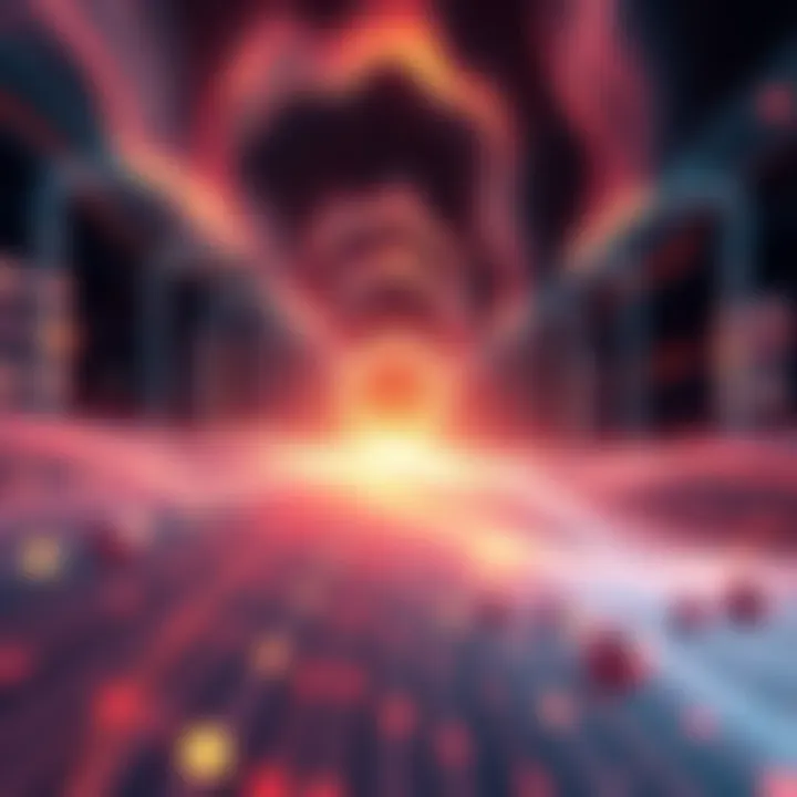 Consciousness and Spacetime Concept An abstract representation showing consciousness as a code that interacts with a fluid spacetime, illustrating ideas from quantum mechanics and philosophy.