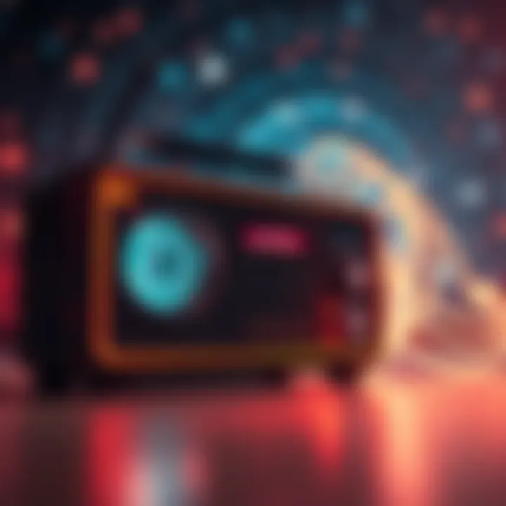 An abstract representation of a radio tuning into various frequencies, symbolizing consciousness connecting to the universe.