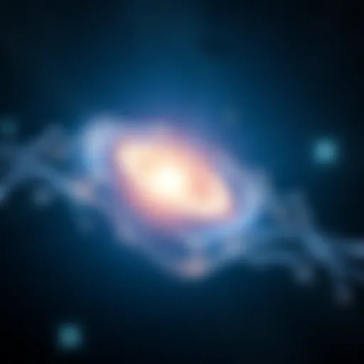 A cosmic scene showing stars and galaxies with an abstract representation of consciousness as light waves transcending dimensions