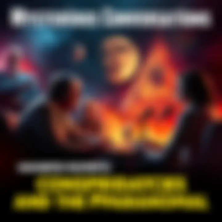 A captivating scene depicting George Noory interviewing Mike Rothmiller and John Ramirez, surrounded by hints of darkness and intrigue