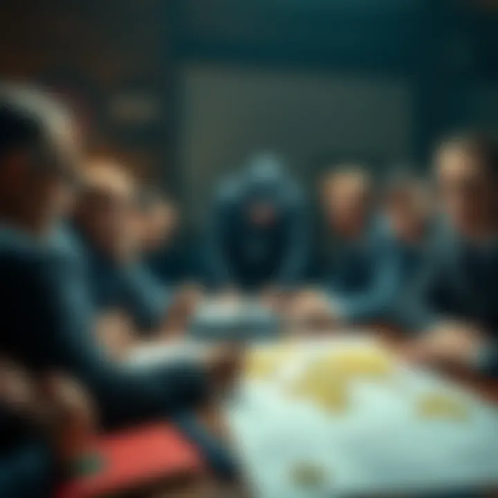 A group of people discussing conspiracy theories with a map and documents on a table, looking concerned.