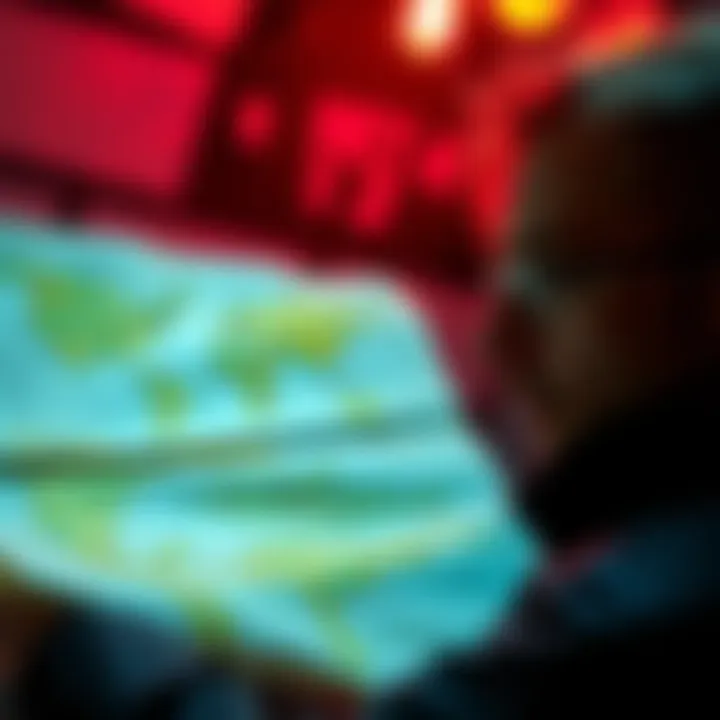 A person looking at documents and maps related to conspiracy theories