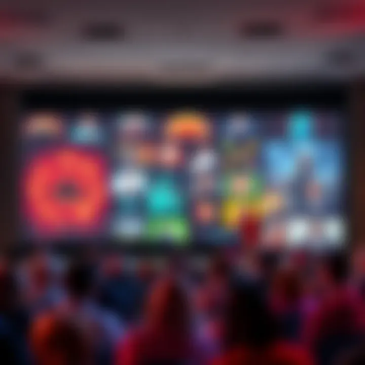 A colorful slide deck featuring various conspiracy theory topics like UFOs, secret societies, and unexplained events, engaging an audience during a presentation.