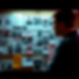 A person examining a bulletin board filled with conspiracy theory notes and images