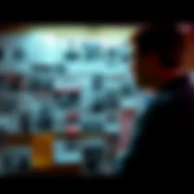 A person examining a bulletin board filled with conspiracy theory notes and images