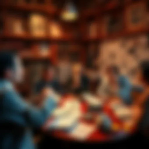 A group of people engaged in a discussion about a conspiracy theory, surrounded by books and papers related to popular culture influences.