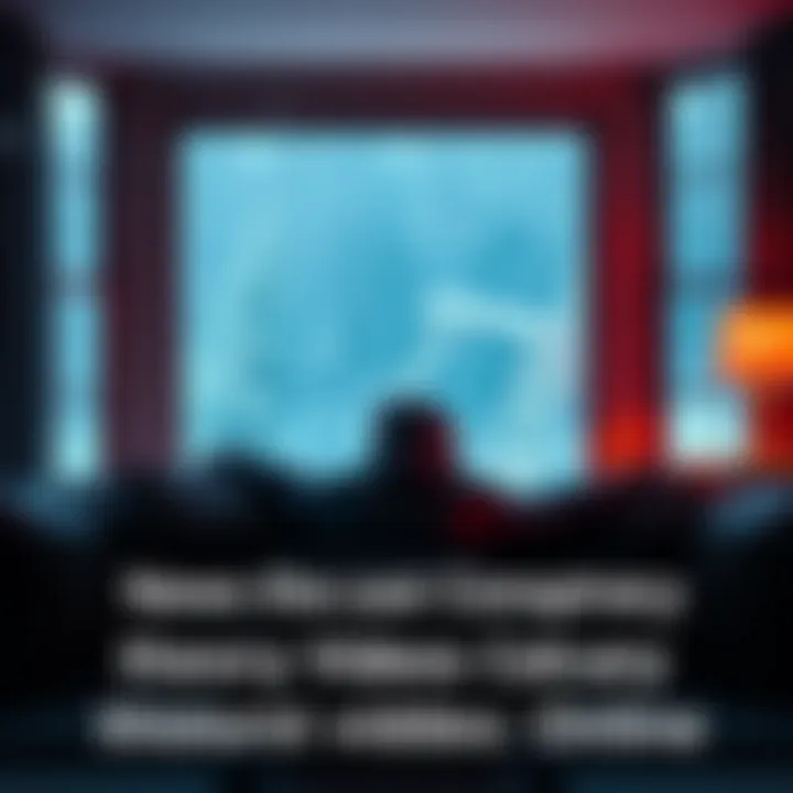 A person sitting on a couch, watching conspiracy theory videos on a laptop with snow falling outside a window