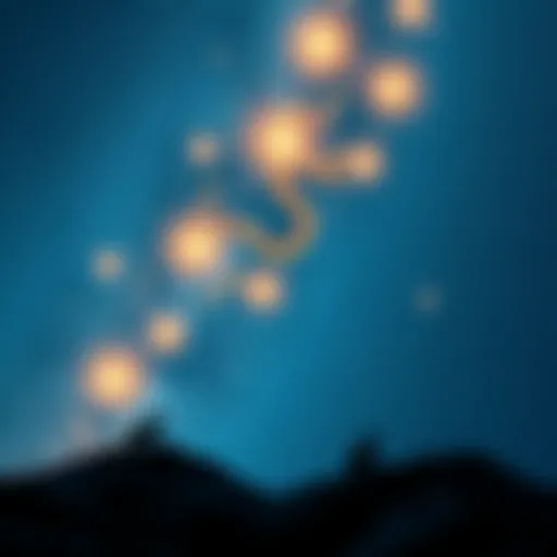 A night sky filled with prominent constellations like Orion, depicting cats and serpents among the stars, representing ancient stories.