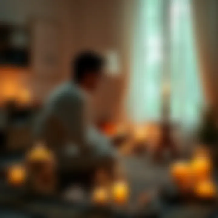 A person sitting with a psychic, discussing spiritual topics like UFOs and twin flames, surrounded by candles and crystals.