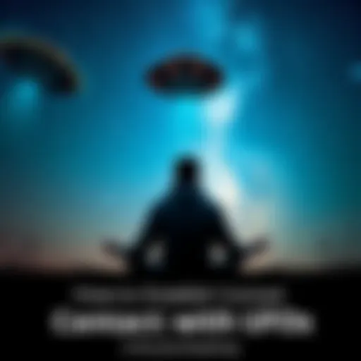 A person meditating under a starry sky, focusing on connecting with UFOs, with glowing lights above.