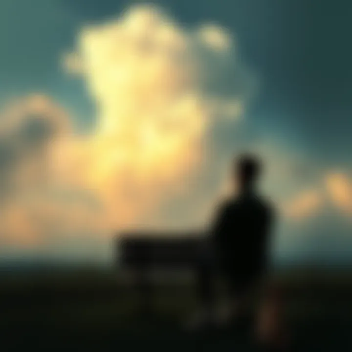 A person sitting alone on a bench, looking up at a cloudy sky, deep in thought about life and death.